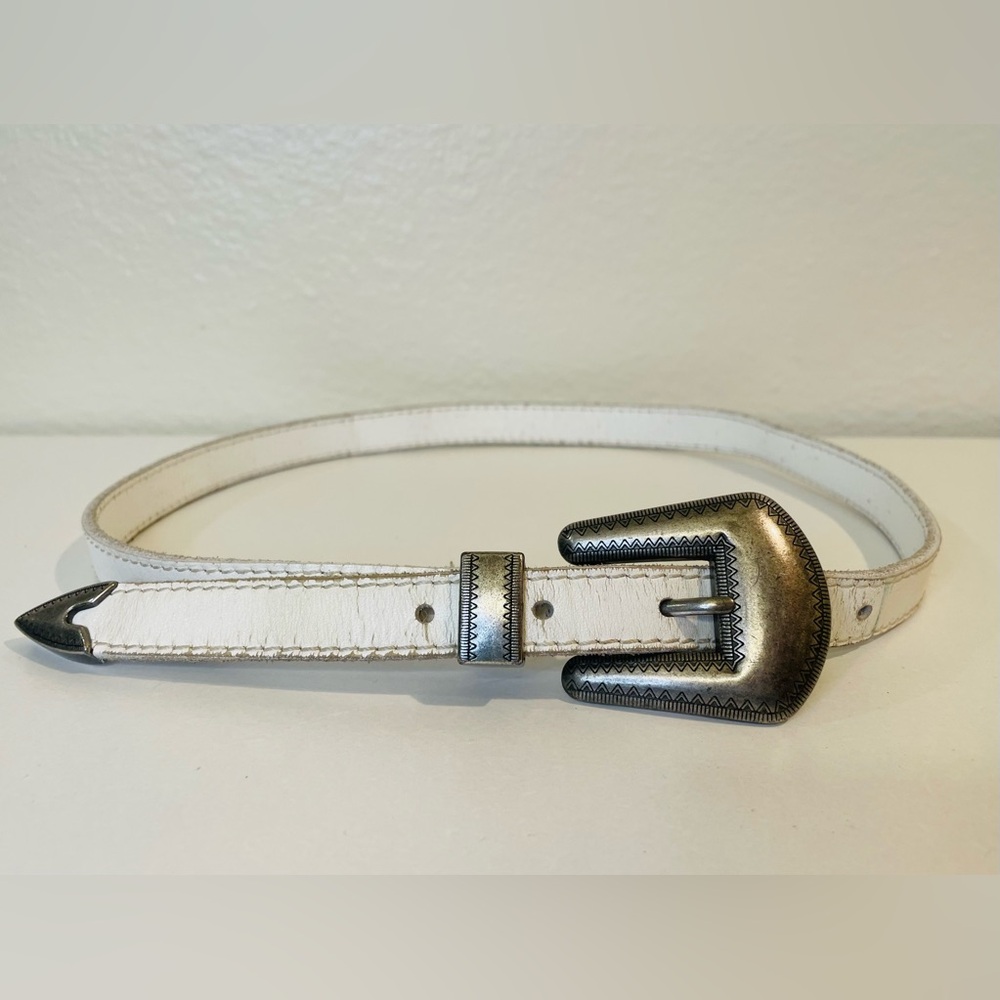 Western Urban Outfitters White Cow Leather Thin Belt with Silver Buckle Size S